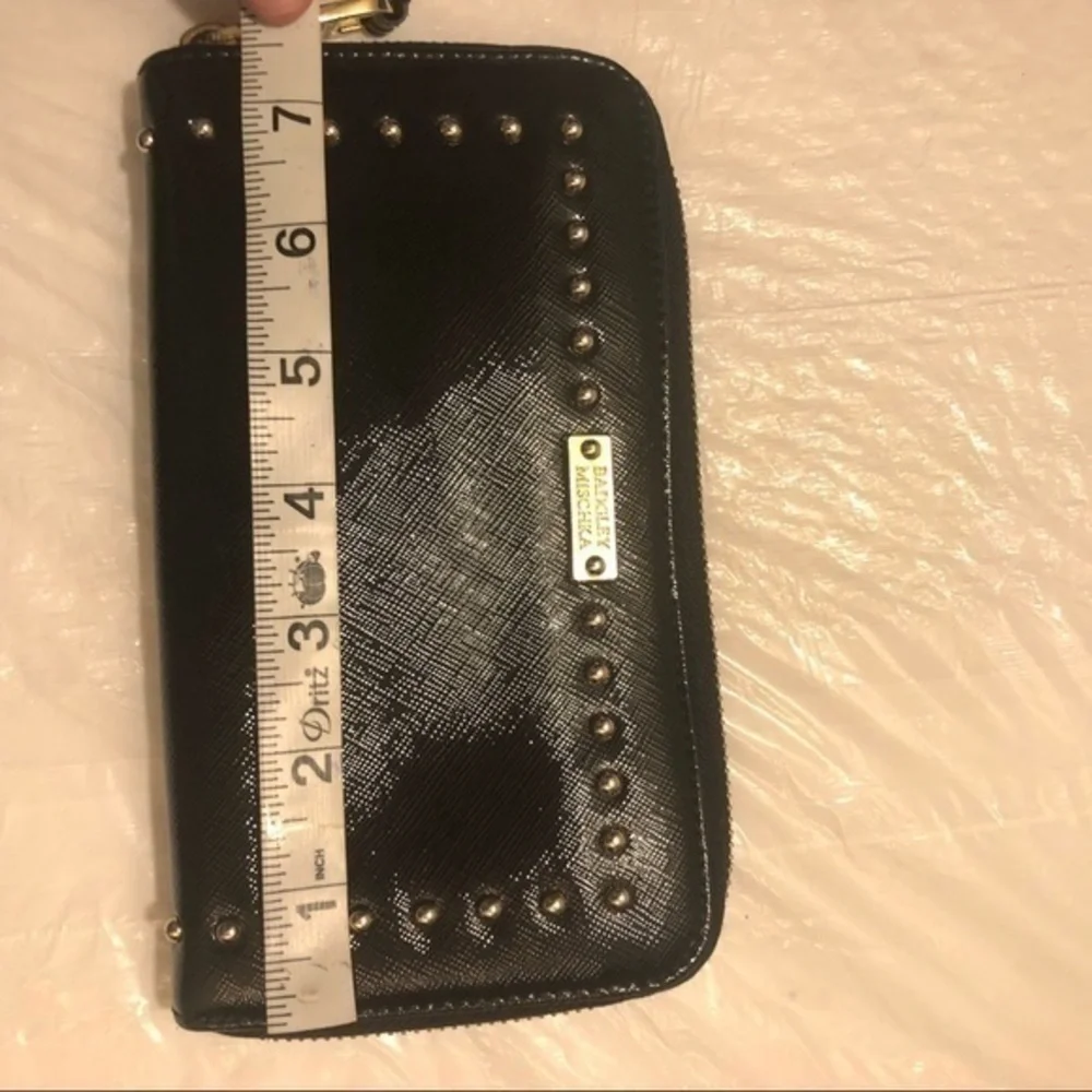 Badgley mischka black studded leather zipper clutch wallet